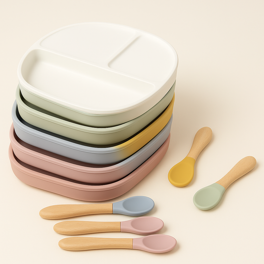 Baby Silicone Compartment Plate With Wooden Spoon